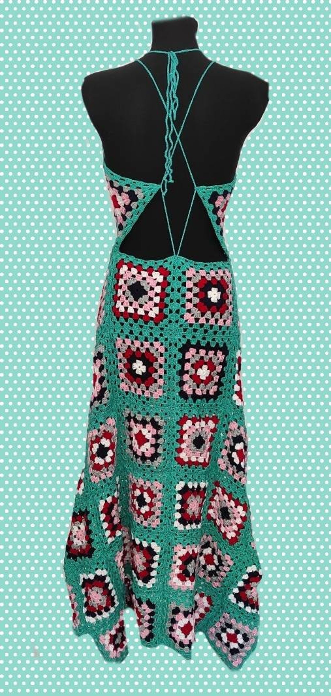 Granny squares crochet backless dress with thin straps crossed Etsy