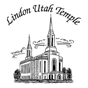 May include: A black and white line drawing of the Lindon Utah Temple, a Mormon temple with two spires and a large central building. The drawing is set against a white background with clouds in the sky.