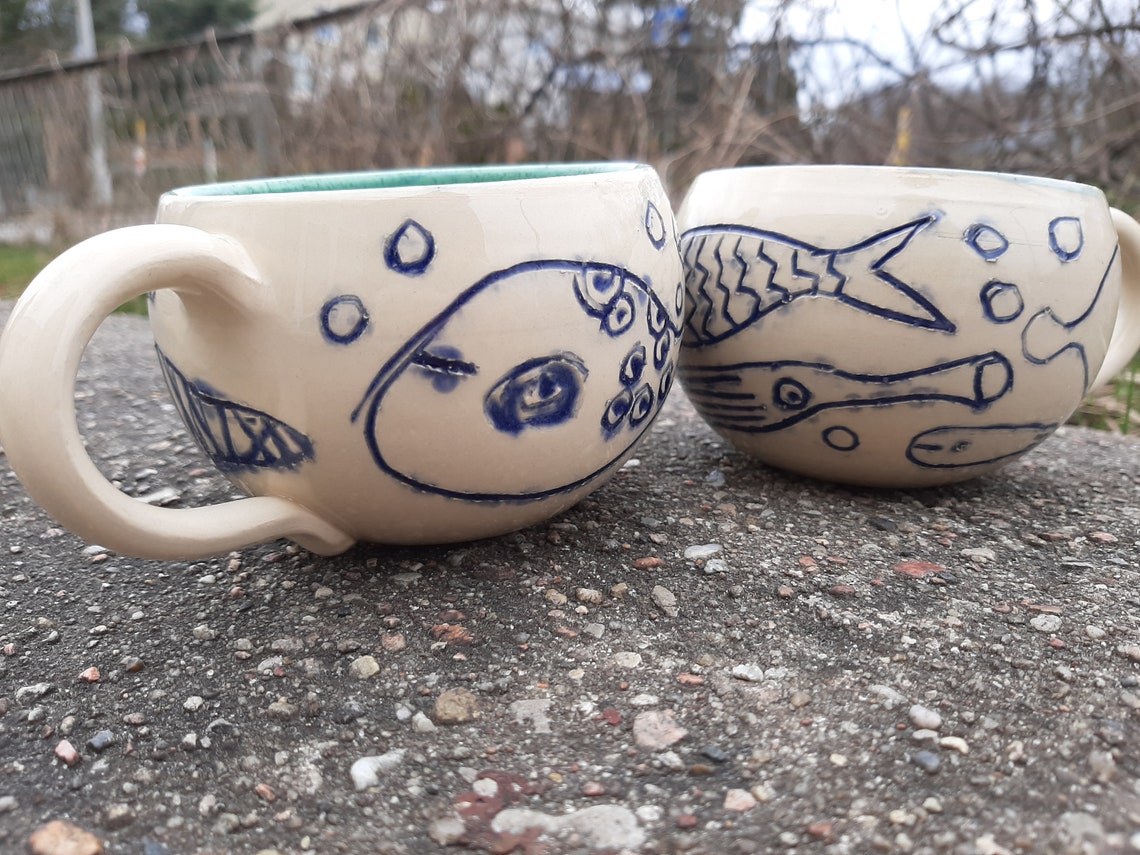 Set of two fish ceramic cups handmade fish mug pottery fish Etsy