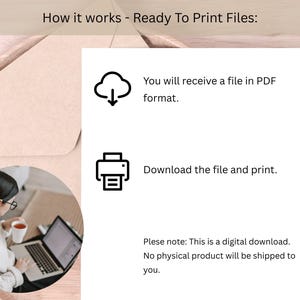 May include: A digital download product description with the text "How it works - Ready To Print Files:". The steps include receiving a PDF file, downloading, and printing. The note states that it is a digital download, and no physical product will be shipped.