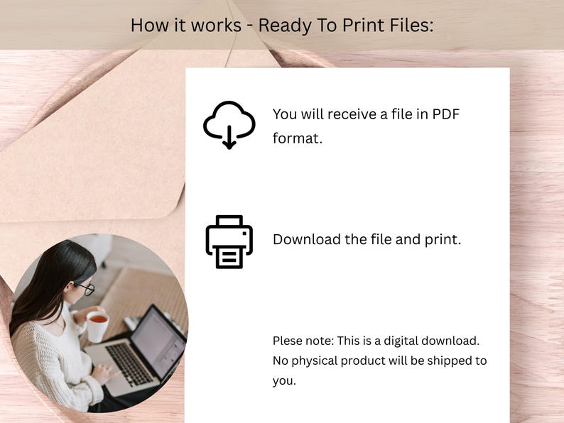 May include: A digital download product description with the text "How it works - Ready To Print Files:". The steps include receiving a PDF file, downloading, and printing. The note states that it is a digital download, and no physical product will be shipped.