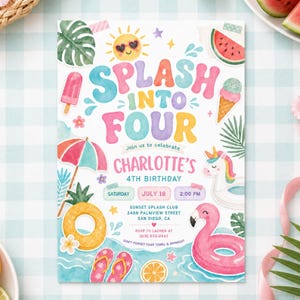 Inbjudan till poolparty med plask i fyra, personlig inbjudan till sommarbad för fyra års födelsedag (digital nedladdning) PP686