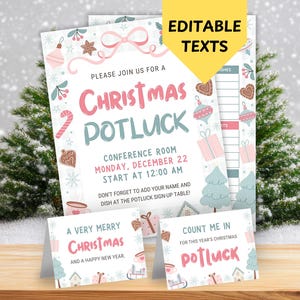 Op de afbeelding: Kerstpotluck-uitnodiging met bewerkbare teksten. De uitnodiging heeft een roze en blauwgroen kleurenschema met feestelijke illustraties van ornamenten, peperkoekjes en cadeaus. De tekst luidt "Christmas Potluck" en bevat evenementdetails.