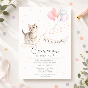 May include: A birthday invitation card featuring a watercolour illustration of a tabby kitten, pastel balloons, and paw prints. The text reads: It's a pawty! Cameron IS TURNING 5, JOIN US TO CELEBRATE, Saturday, October 17, 2026, 2:00 PM - 4:00 PM, Maple Grove Party Barn, 1847 Cedar Lane, Austin, Texas 78704, RSVP to Jordan by October 10 (512) 555-0148.