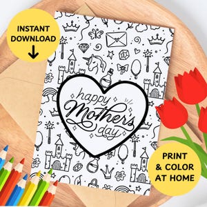 Cartão para colorir para o Dia das Mães, cartão de felicitações 5x7 para imprimir e colorir, cartão para colorir para o Dia das Mães com rabiscos de princesa, corações, faça você mesmo