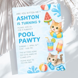 Zaproszenie urodzinowe „Cats Pool Pawty”, spersonalizowane zaproszenie na basen z kociętami w stylu kawaii (do pobrania cyfrowego) PP549
