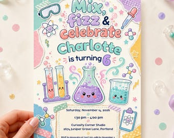 Kawaii Science Birthday Invite, Pastel Mix Fizz STEM B-day Editable Printable Canva Digital Invite DD865