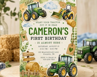 Green Tractor Birthday Invite, Farm Vehicle Party Personalized Invite (Digital Download) PP659