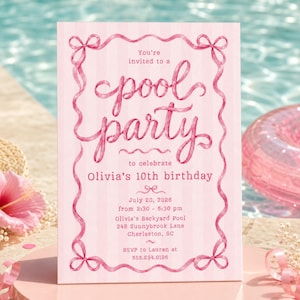 Pink Coquette Bow Pool Birthday Invitation, Girl Summer Swim Party Invite (Digital Download) PP738
