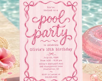 Pink Coquette Bow Pool Birthday Invitation, Girl Summer Swim Party Invite (Digital Download) PP738