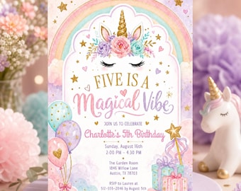 Five Is A Magical Vibe Birthday Invite, Soft Unicorn Rainbow & Gold Invite (Digital Download) PP798