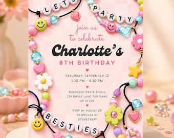 Friendship Bracelet Birthday Invitation, Let's Party Besties Tween Girl Party Invite (Digital Download) PP724