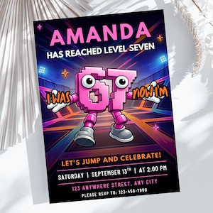 67 Girl Jump Birthday Invitation, Personalized Level Seven Trampoline Park Invite (Digital Download) PP469