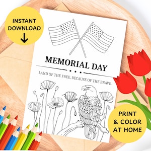 Cartão de colorir infantil do Memorial Day para imprimir, cartão de felicitações para colorir, cartão de colorir do Memorial Day, artesanato para creche, pré-escola, jardim de infância