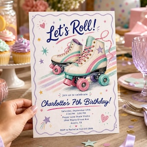 Może przedstawiać: Prostokątne zaproszenie urodzinowe z białymi wrotkami w turkusowe i różowe paski. Tekst brzmi Let's Roll! join us to celebrate Charlotte's 7th Birthday! Saturday, September 19th, 2:30 PM - 5:00 PM, Poppy Lane Skate Studio, 1846 Maple Grove Ave, Austin, TX, RSVP to Rachel at 512-555-2846.