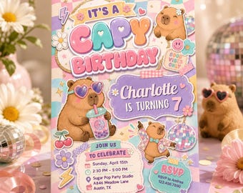 Invito per festa a tema capibara, divertente invito personalizzato per festa di compleanno a tema animali in stile retrò (download digitale) PP672