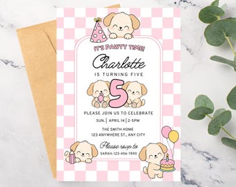 Convite de aniversário xadrez rosa com cachorrinhos, convite digital editável e imprimível para Canva com tema de cachorros kawaii