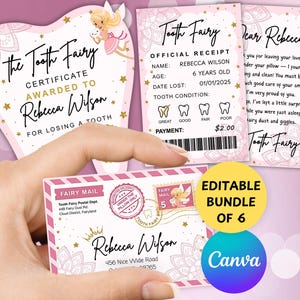 Puede incluir: Un conjunto de certificado, recibo y carta del Hada de los Dientes. El certificado tiene forma de corazón y se otorga a Rebecca Wilson por perder un diente. El recibo detalla su edad, la fecha de pérdida y la condición del diente. La carta es del Hada de los Dientes.