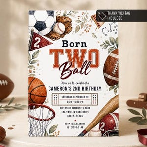 Convite de Aniversário de 2 Anos com Tema de Esportes com Bola, Aquarela (Download Digital) PP809