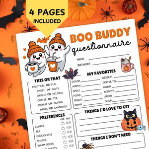 May include: A white Halloween-themed questionnaire titled "Boo Buddy Questionnaire" with illustrations of ghosts, bats, and pumpkins. The questionnaire includes sections for preferences, favorites, and things to get and not need.