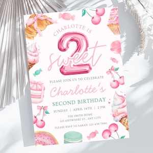 May include: A rectangular birthday invitation card featuring a large pink metallic balloon shaped like the number two. The text reads Charlotte is sweet, Please join us to celebrate Charlotte's Second Birthday, Sunday, April 14th, 2 PM, The Smith Home, 123 Anywhere St., Any City, Please RSVP to Sarah: 123-456-7890. The design includes watercolor illustrations of croissants, cherries, cupcakes, ice cream cones, macarons, and candies.