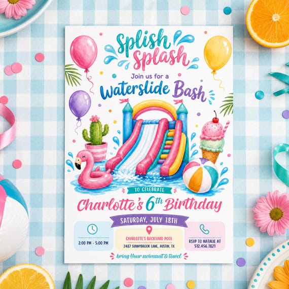 Water Slide Birthday Bash Invitation, Summer Backyard Party Girly Invite (Digital Download) PP712