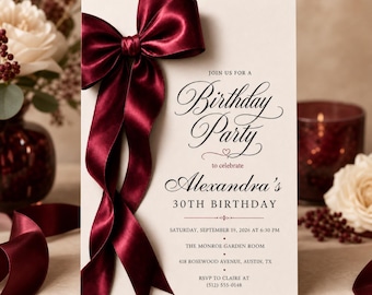 Coquette Bow Birthday Invite, Red Ribbon Girl Party Personalized Invite (Digital Download) PP636