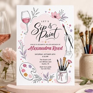 Sip And Paint Birthday Invitation, Art Class Party Editable Printable Canva Digital Invite DD721