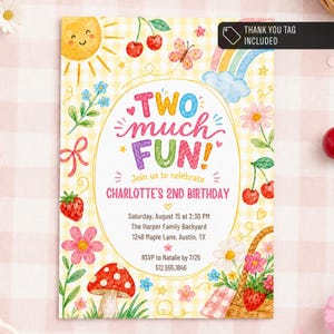 Puede incluir: Una tarjeta de invitación de cumpleaños rectangular con fondo de cuadros vichy amarillos e ilustraciones en acuarela de un sol, cerezas, mariposa, arcoíris, flores y una seta. El texto dice Two much FUN! Join us to celebrate Charlotte's 2nd Birthday, Saturday, August 15 at 2:30 PM, The Harper Family Backyard, 1248 Maple Lane, Austin, TX, RSVP to Natalie by 7/25, 512.555.1846.
