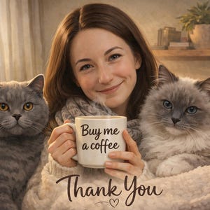 May include: A woman smiles while holding a coffee mug that says "Buy me a coffee." Two cats sit on either side of her. The words "Thank You" are written below the mug.
