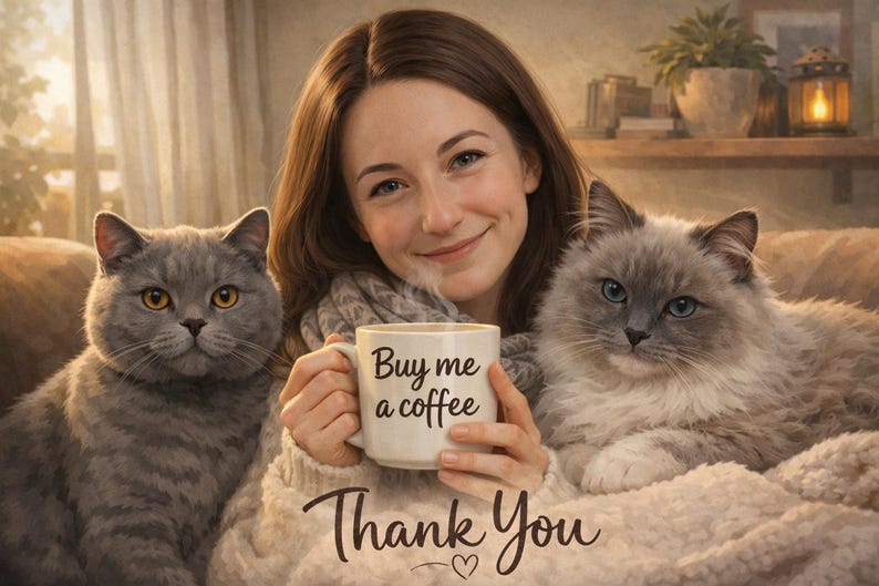 May include: A woman smiles while holding a coffee mug that says "Buy me a coffee." Two cats sit on either side of her. The words "Thank You" are written below the mug.