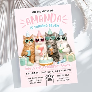Cat Birthday Invitation 5x7, Personalized Kittens Invite (Digital Download) PP448