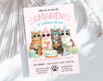Cat Birthday Invitation 5x7, Personalized Kittens Invite (Digital Download) PP448