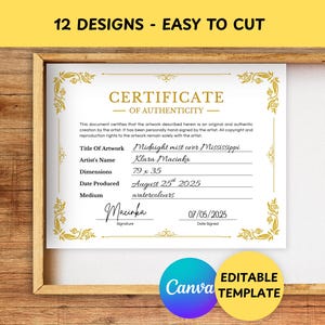 Editable Certificate Of Authenticity Template For Artists, Autograph Certificate Of Authenticity, Custom Certificate Of Authenticity For Art
