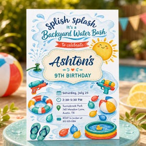 Peut inclure: Une carte d'invitation rectangulaire avec des illustrations à l'aquarelle de jouets aquatiques, un soleil et une piscine. Le texte indique : Splish splash It's a Backyard Water Bash to celebrate Ashton's 9th BIRTHDAY, Saturday, July 25, 2:30-5:30 PM, Sunnybrook Park, 742 Meadow Lane, Austin, TX, RSVP to Jordan at 512-555-0184.