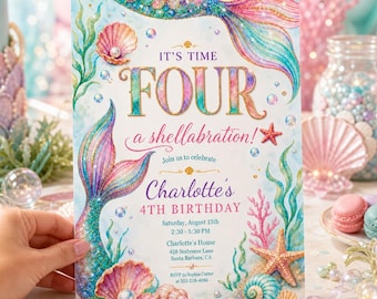Mermaid Four Birthday Invitation, Under The Sea 4th Birthday Editable Invite (Digital Download) PP703