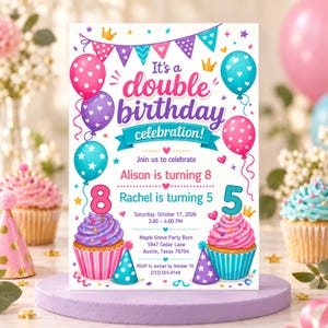 Puede incluir: Una tarjeta de invitación de cumpleaños rectangular con globos coloridos, banderines y dos cupcakes con números. El texto dice: It's a double birthday celebration! Alison is turning 8, Rachel is turning 5, Saturday, October 17, 2026, 2:00 - 4:00 PM, Maple Grove Party Barn, 1847 Cedar Lane, Austin, Texas 78704, RSVP to Jordan by October 10 (512) 555-0148.
