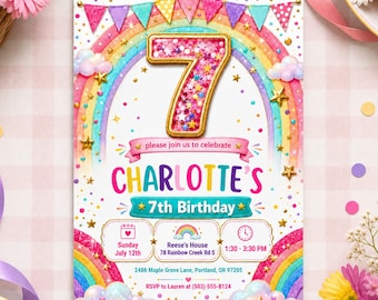 Glitter Rainbow 7th Birthday Invite, Pink Sequin Girl Party Personalized Invite (Digital Download) PP741