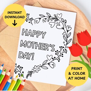 Tarjeta para colorear del Día de la Madre para niños para imprimir, tarjeta de felicitación de 5x7 para colorear, tarjeta para colorear del Día de la Madre para niños con corona en forma de corazón, bricolaje casero