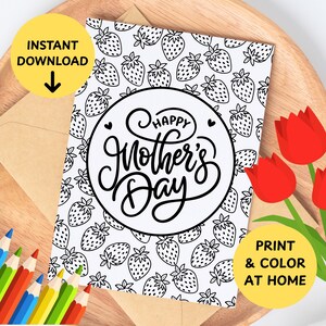 Tarjeta para colorear para el Día de la Madre para niños, tarjeta de felicitación imprimible de 5x7 para colorear, tarjeta para colorear para el Día de la Madre para niños con garabatos de fresas y corazones, bricolaje