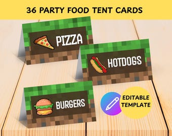 36 Cartões de comida de artesanato em pixel editáveis, barracas de comida para festa com placa de mineração, cartões de rótulo de comida para artesanato em minas, decorações de mesa para festa com artesanato em jogos de mineração