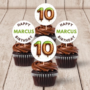 Decorazioni per cupcake a tema miniera per il decimo compleanno, modello Canva stampabile e modificabile.