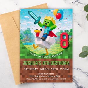 May include: A rectangular birthday invitation card featuring a pixelated green character with a crown riding a white chicken, holding a blue sword. The text reads: PLEASE JOIN US TO CELEBRATE JOSHUA'S 8TH BIRTHDAY, SATURDAY | MARCH 19TH | 2-5PM.
