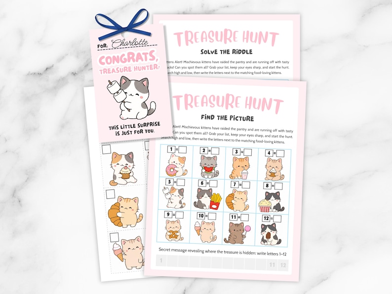 May include: A pink and white treasure hunt game set with a bookmark and two game sheets. The bookmark reads "For Charlotte, Congrats, Treasure Hunter" with a cartoon cat. The game sheets feature cat illustrations and puzzles.