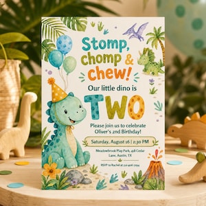 Peut inclure: Une carte d'invitation d'anniversaire rectangulaire avec des illustrations aquarelles de dinosaures, de feuilles de palmier et d'un volcan. Le texte indique : Stomp, chomp & chew! Our little dino is TWO. Please join us to celebrate Oliver's 2nd Birthday! Saturday, August 16 | 2:30 PM. Meadowbrook Play Park, 418 Cedar Lane, Austin, TX. RSVP to Rachel at 512-406-7294.