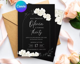 Death To My 20s 30s Clean & Simple Birthday Invitation, Editable Printable Canva Digital Invite