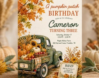 Harvest Truck Pumpkin Patch Birthday Invitation, Rustic Fall Party Invite (Digital Download) PP909