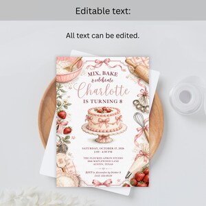 May include: A rectangular birthday invitation card featuring watercolor illustrations of a cake, strawberries, and baking tools. The text reads: MIX, BAKE & celebrate Charlotte IS TURNING 8, SATURDAY, OCTOBER 17, 2026, 2:00 - 4:30 PM, THE FLOURED APRON STUDIO, 1846 MAPLEWOOD LANE, AUSTIN, TEXAS, RSVP to Alexandra by October 3 (512) 555-0148.