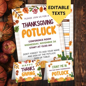 May include: Thanksgiving potluck invitation set with editable text. The design features fall leaves, pumpkins, and apples. The invitation includes a sign-up sheet and small cards with festive messages.