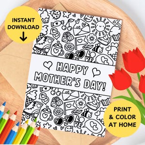 Cartão para colorir para o Dia das Mães, cartão de felicitações 5x7 para imprimir e colorir, cartão para colorir para o Dia das Mães com rabiscos, corações, faça você mesmo